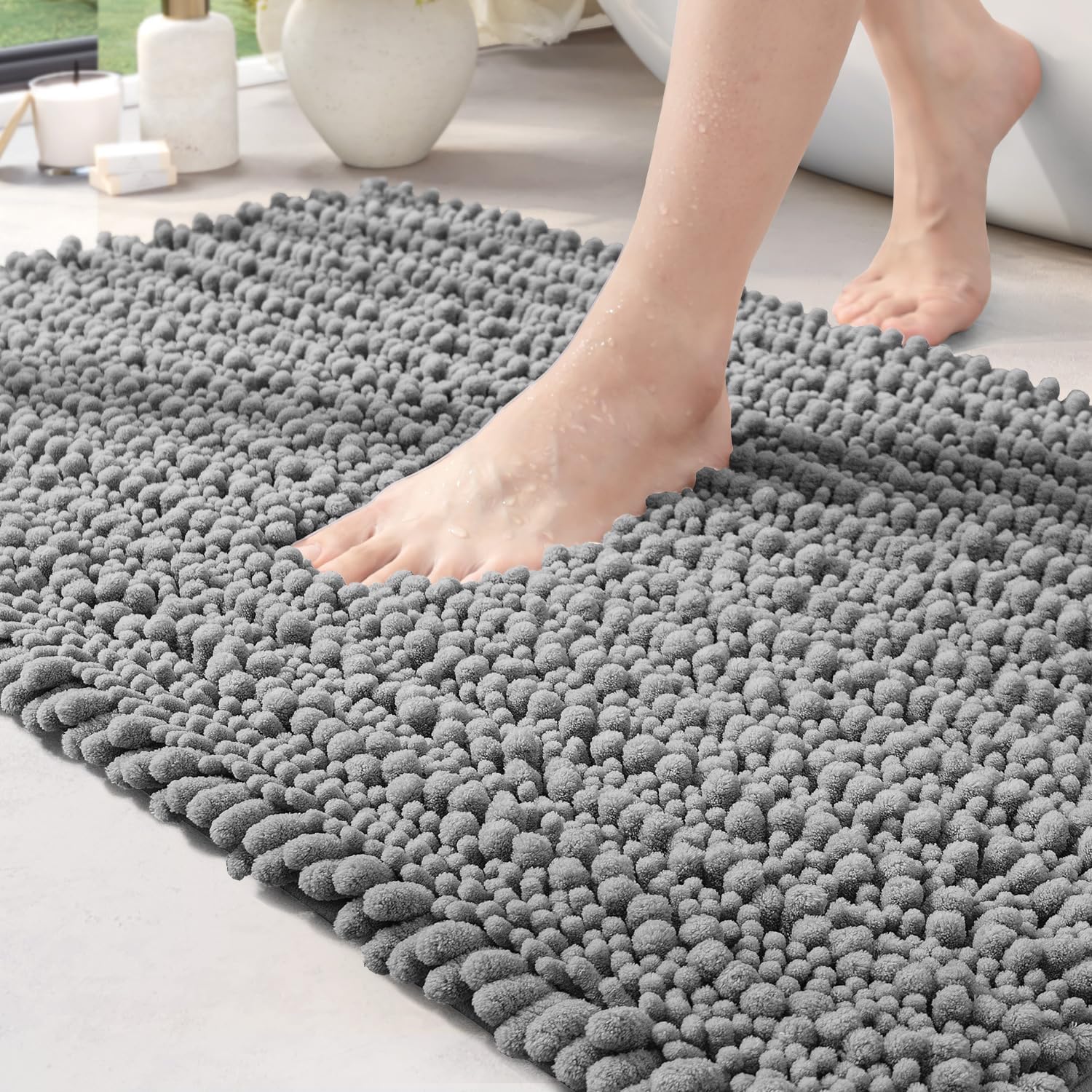 DEXI Chenille Bath Mat, Non Slip Thick Bathroom Mat, Absorbent and Soft Bath Rugs, Washable Carpet Runner Floor Mat, 40 x 60cm, Grey-0