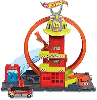 Hot Wheels City with 1 Toy Car, Kid-Powered Elevator, Water-Like Ramp, Track-Play Features, Connects to Other Sets, Fire Station with Super Loop, HKX41