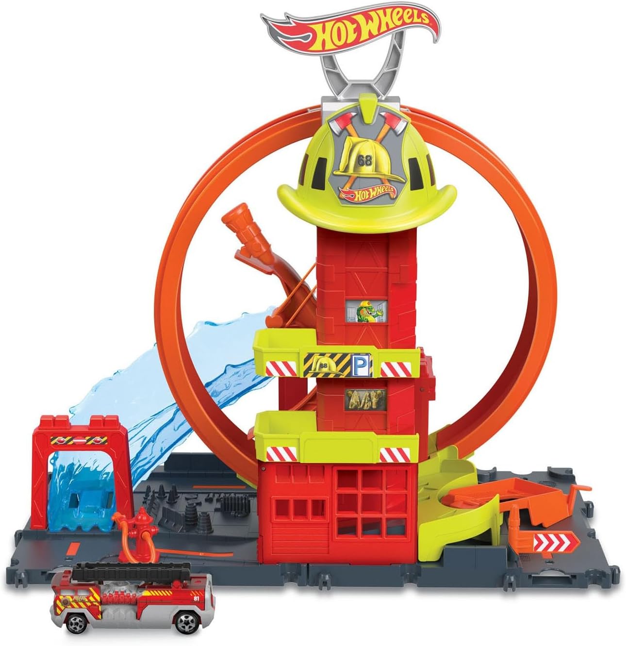 Hot Wheels City with 1 Toy Car, Kid-Powered Elevator, Water-Like Ramp, Track-Play Features, Connects to Other Sets, Fire Station with Super Loop, HKX41-0