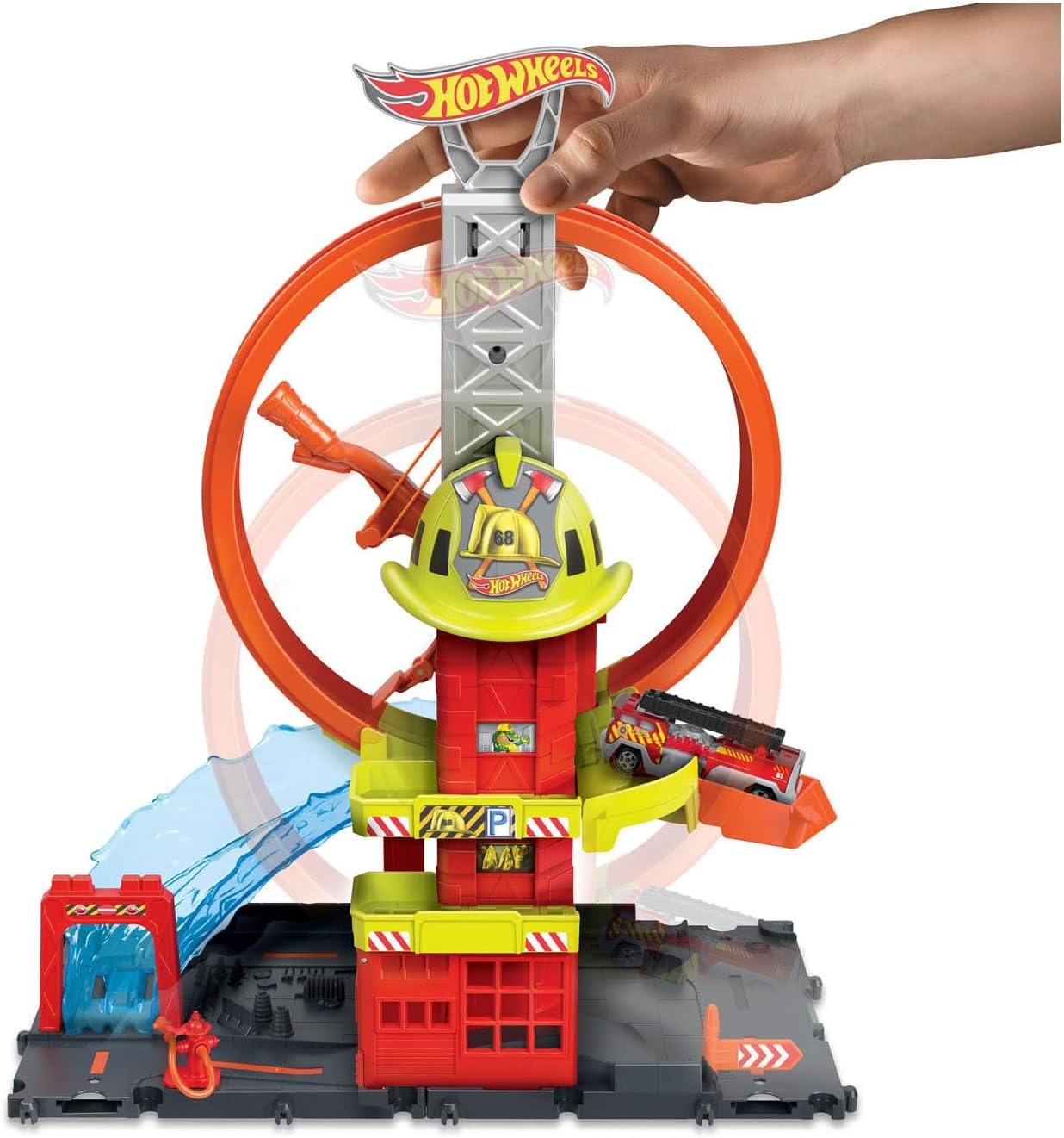 Hot Wheels City with 1 Toy Car, Kid-Powered Elevator, Water-Like Ramp, Track-Play Features, Connects to Other Sets, Fire Station with Super Loop, HKX41-1