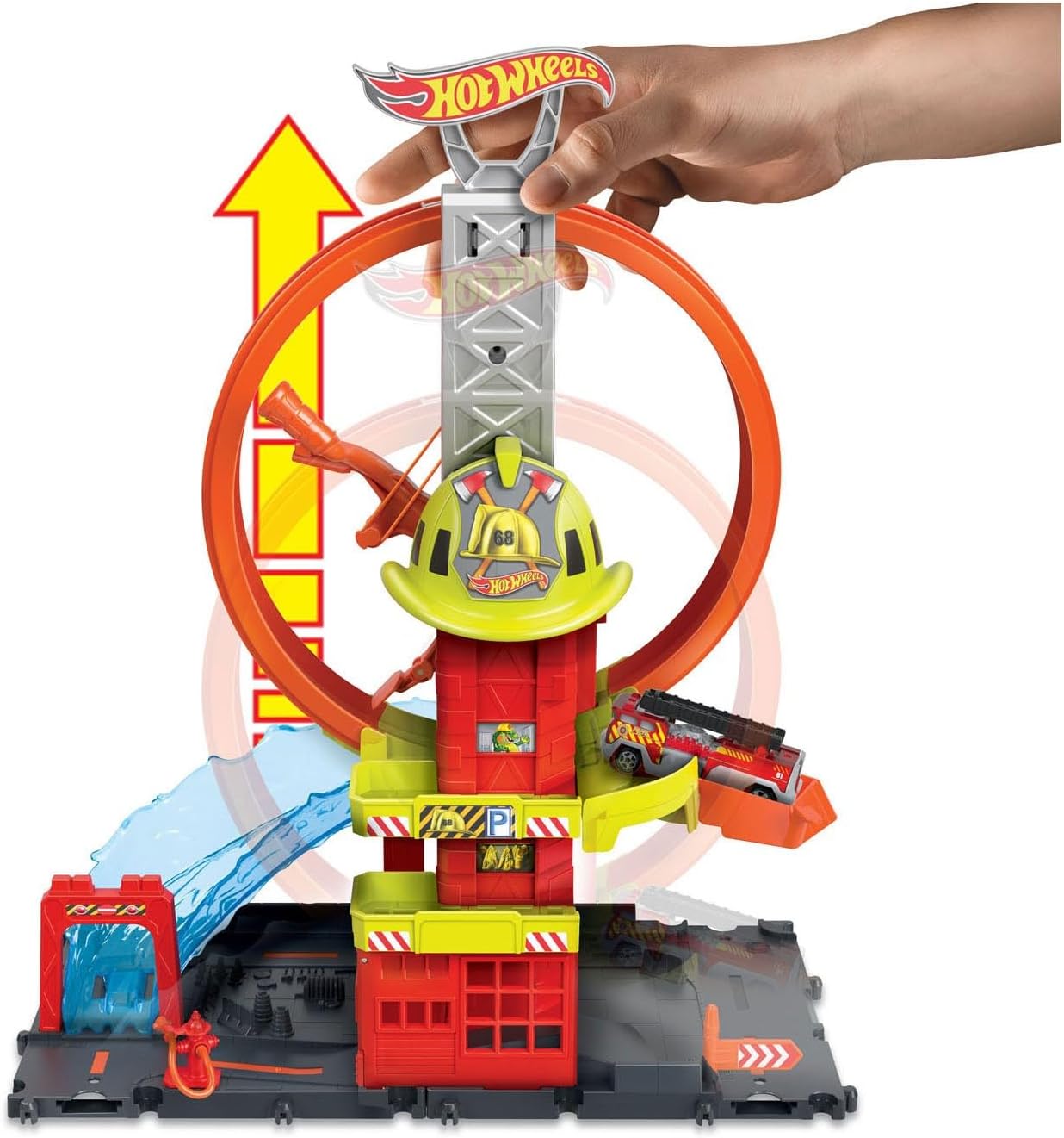 Hot Wheels City with 1 Toy Car, Kid-Powered Elevator, Water-Like Ramp, Track-Play Features, Connects to Other Sets, Fire Station with Super Loop, HKX41-2