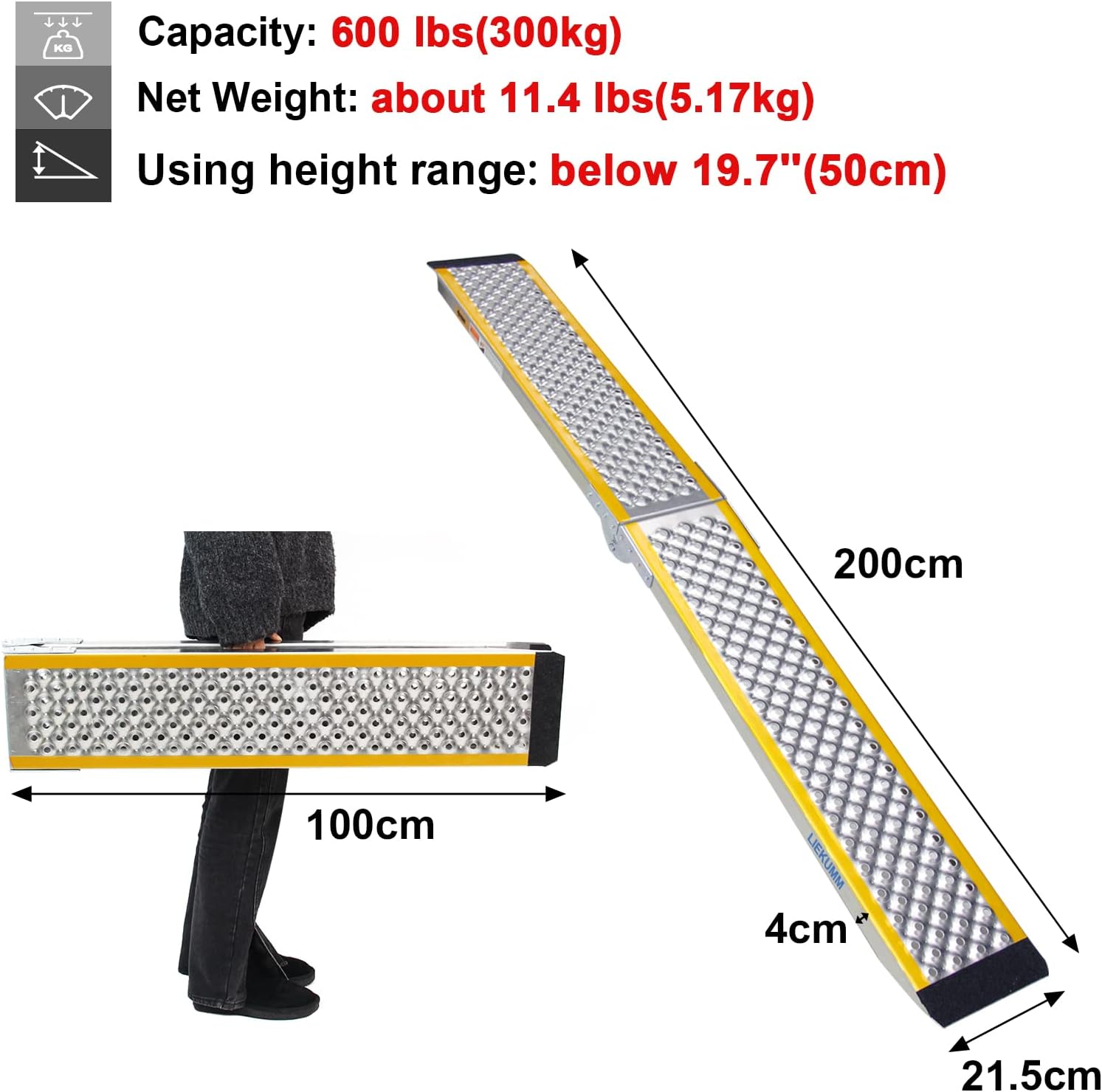 LIEKUMM Loading Ramp, 200 X21.5 cm Foldable Motorbike Loading Ramp, 300KG Capacity Aluminum Motorcycle Ramp for Van, ATV, Quad Bike, Truck-1