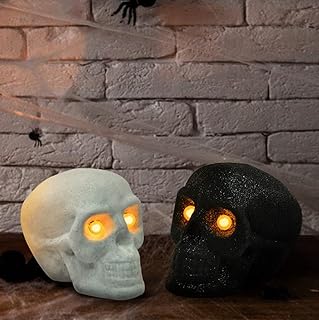 EYQ Halloween Skull Decorations 2PCS With LED Light, Head skeleton Halloween ornaments Festival Home Decoration Skull Black&White