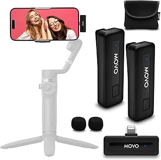 Movo Wireless Mini DUO Ultra Compact Dual Wireless Microphone for iPhone with Clip on Lavalier Mic, 10HR Battery, 50m Range, Noise Cancellation, Lightning - iPhone Microphone for Video Recording