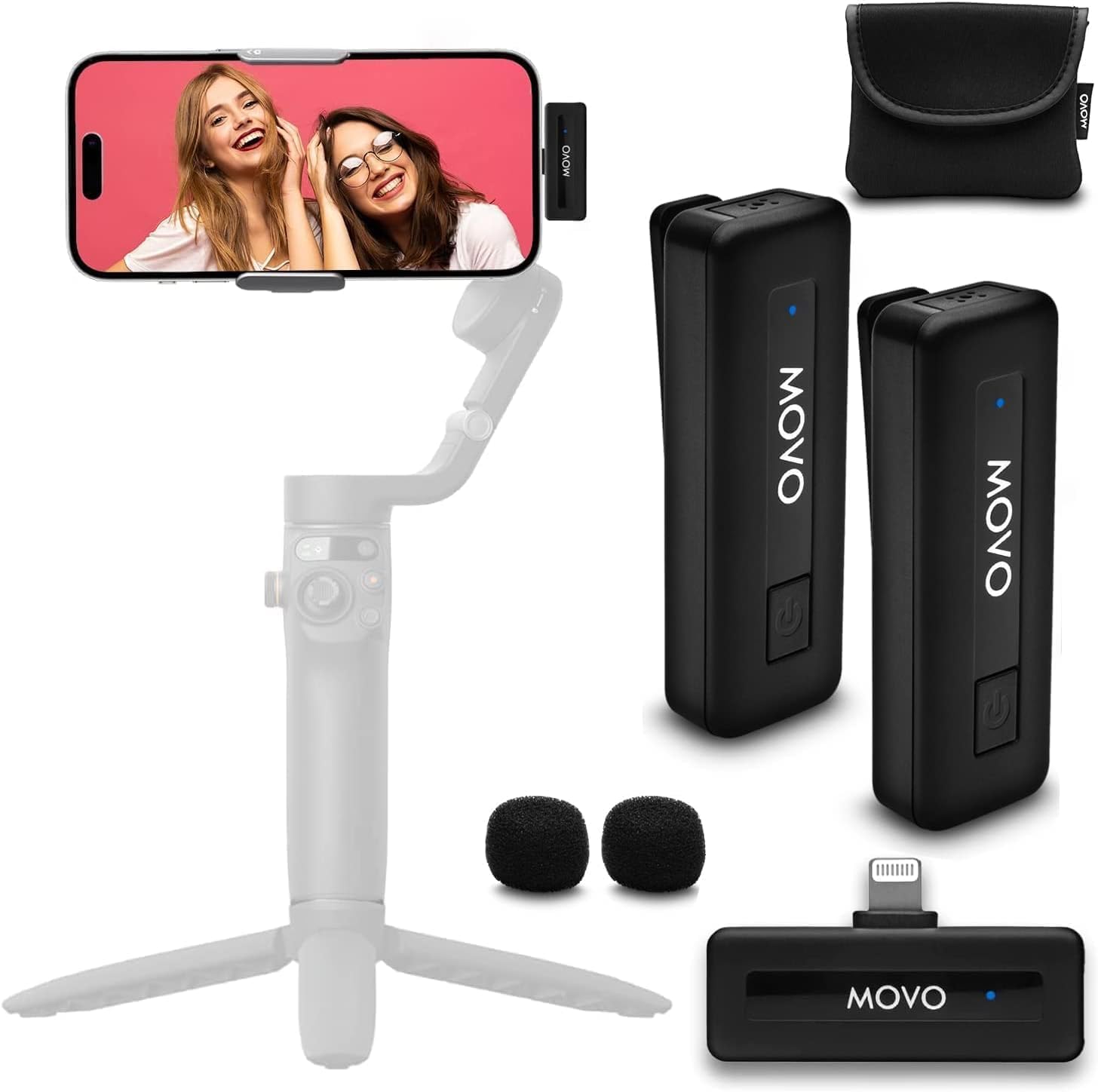 Movo Wireless Mini DUO Ultra Compact Dual Wireless Microphone for iPhone with Clip on Lavalier Mic, 10HR Battery, 50m Range, Noise Cancellation, Lightning - iPhone Microphone for Video Recording-0