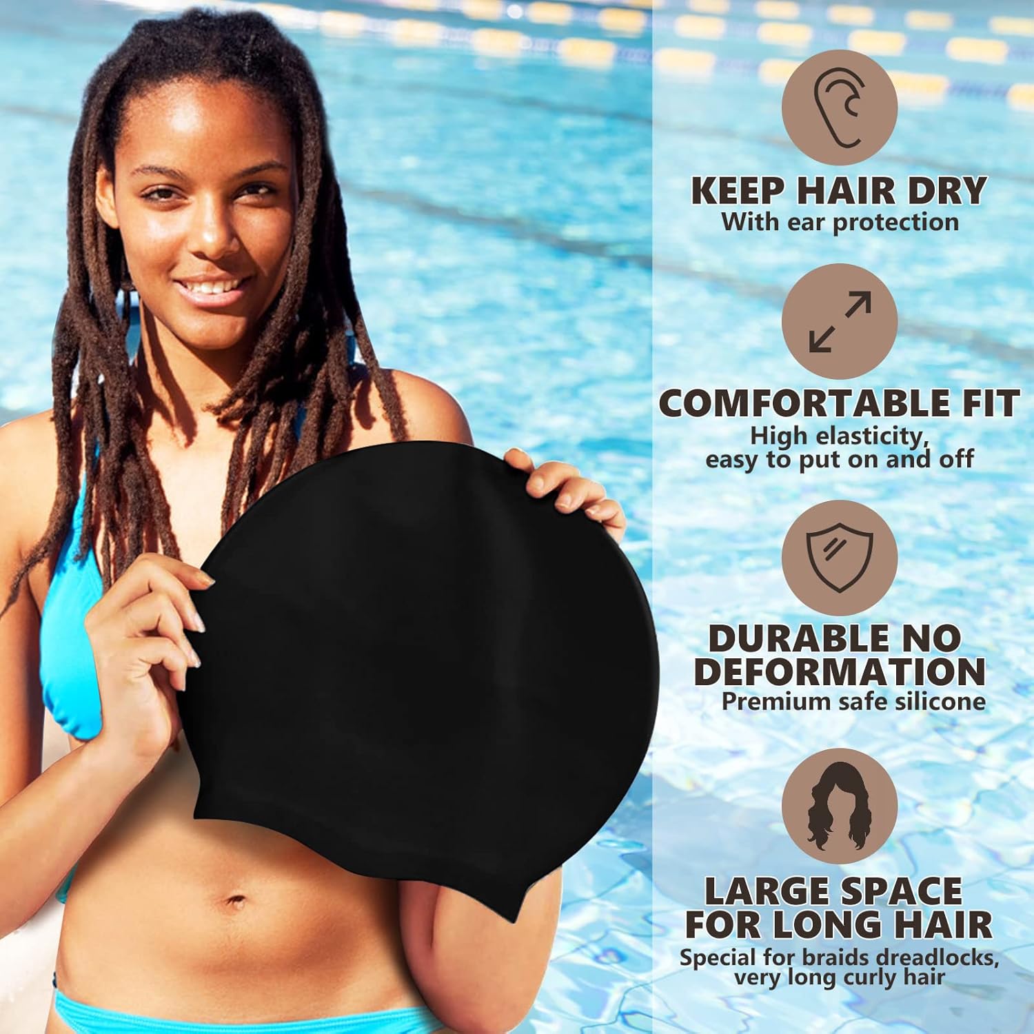 Extra Large Swimming Cap for Long Hair - Swim Cap Designed for Dreadlocks, Weaves, Hair Extensions, Braids, Curls & Afros - Swimming Hat Women & Men - Silicone Adult Swimming Cap-2