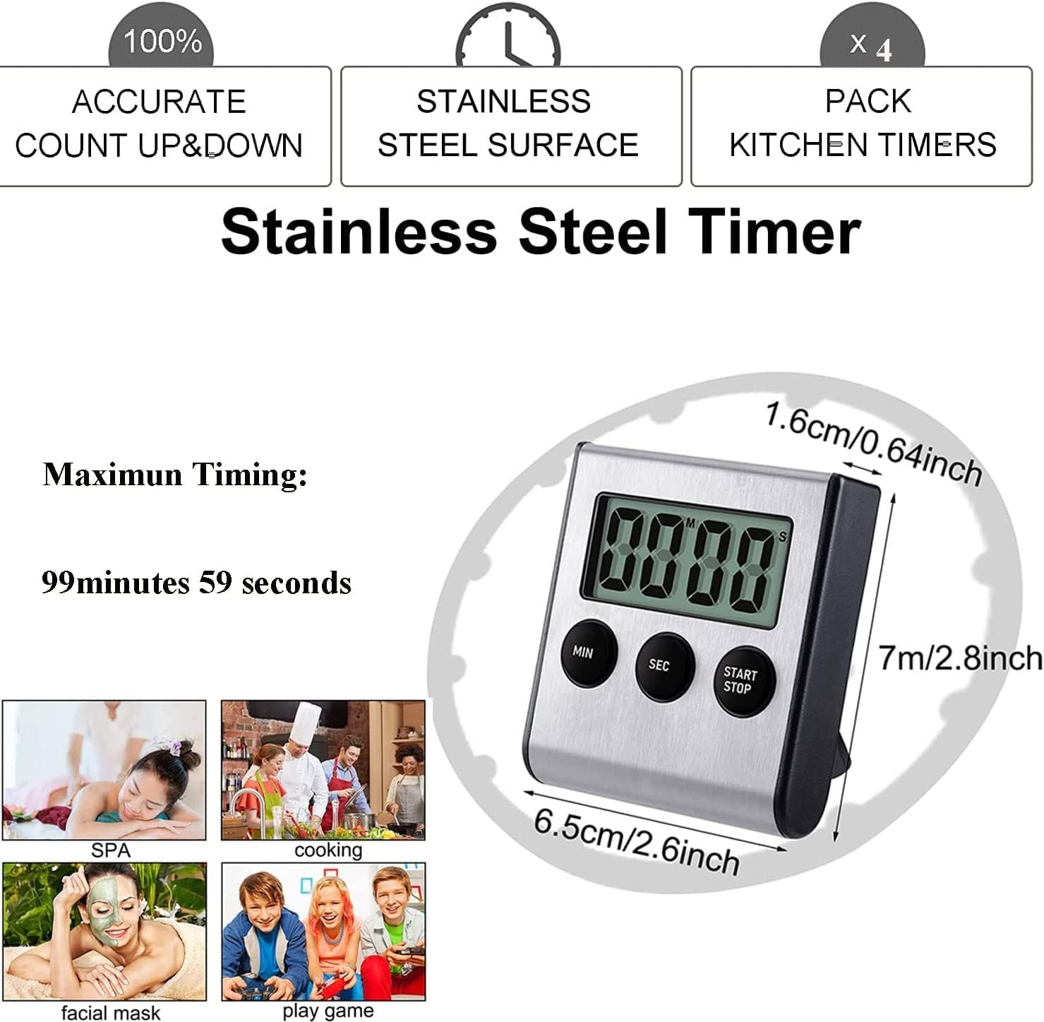 Kyzistn Kitchen Timer, Digital Kitchen Timer Magnetic Countdown Kitchen Timer with Loud Alarm Stainless Steel Timer for Kitchen Cooking, Baking,Sports Games(AAA Battery Included)-2