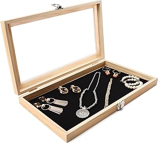 BELLE VOUS Natural Wood Jewellery Display Tray Case Box with Clear Acrylic Lid - W38 x D21.5cm/14.96 x 8.46 Inches - Showcase Organiser Holder for Earrings, Rings, Necklaces, Medals & More