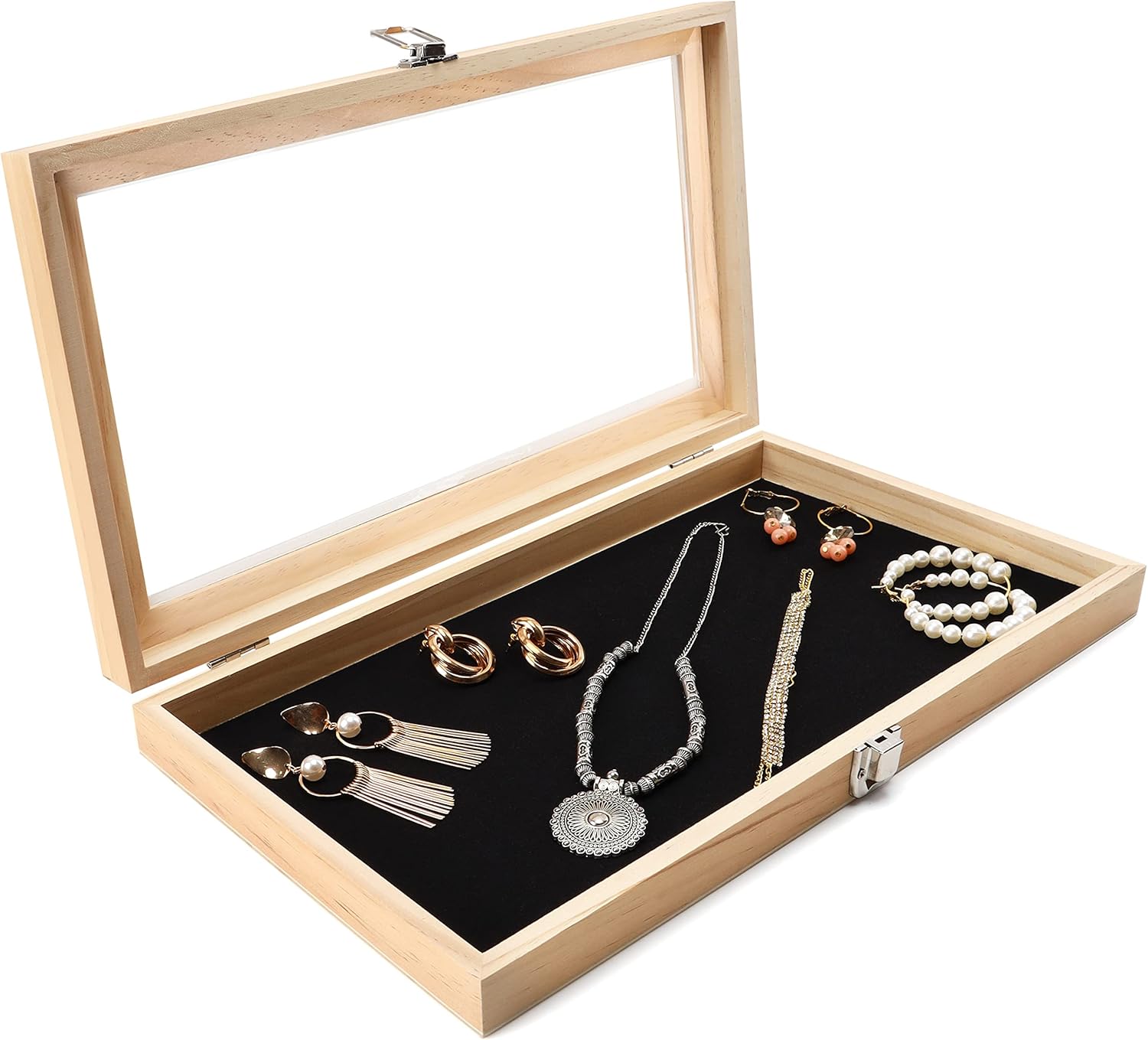 BELLE VOUS Natural Wood Jewellery Display Tray Case Box with Clear Acrylic Lid - W38 x D21.5cm/14.96 x 8.46 Inches - Showcase Organiser Holder for Earrings, Rings, Necklaces, Medals & More-0