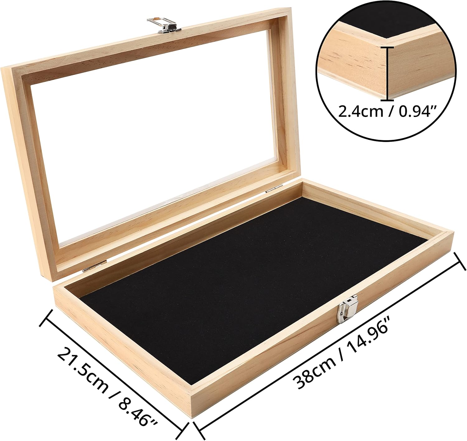 BELLE VOUS Natural Wood Jewellery Display Tray Case Box with Clear Acrylic Lid - W38 x D21.5cm/14.96 x 8.46 Inches - Showcase Organiser Holder for Earrings, Rings, Necklaces, Medals & More-1