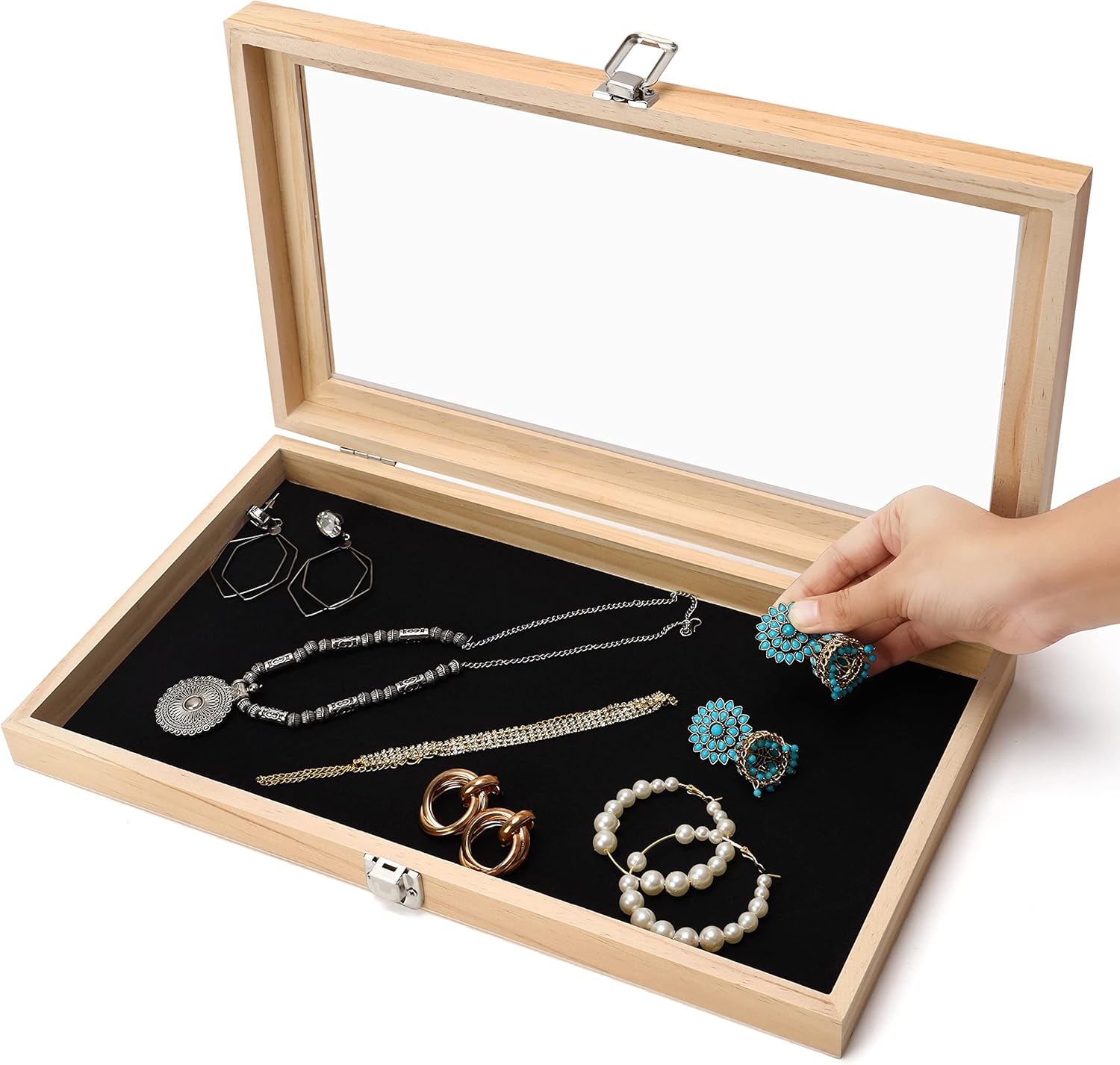 BELLE VOUS Natural Wood Jewellery Display Tray Case Box with Clear Acrylic Lid - W38 x D21.5cm/14.96 x 8.46 Inches - Showcase Organiser Holder for Earrings, Rings, Necklaces, Medals & More-2