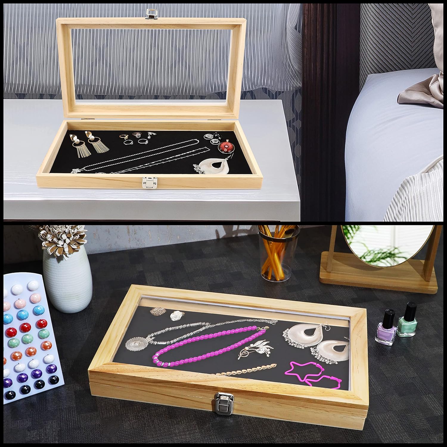 BELLE VOUS Natural Wood Jewellery Display Tray Case Box with Clear Acrylic Lid - W38 x D21.5cm/14.96 x 8.46 Inches - Showcase Organiser Holder for Earrings, Rings, Necklaces, Medals & More-6