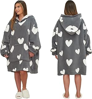 Dreamscene Heart Print Hoodie Blanket Sherpa Lined Fleece Womens Plush Oversized Giant Pull Over Soft Jumper Wearable Throw