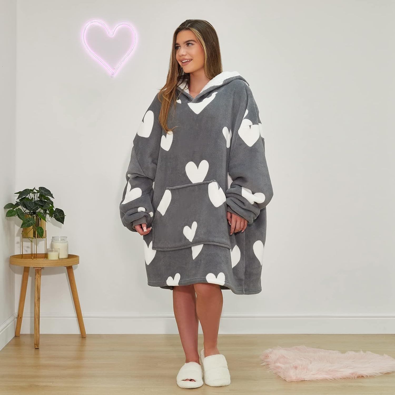 Dreamscene Heart Print Hoodie Blanket Sherpa Lined Fleece Womens Plush Oversized Giant Pull Over Soft Jumper Wearable Throw-1