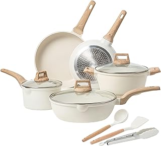 CAROTE Nonstick Pots and Pans Set, Granite Kitchen Cookware Sets, Non Stick Natural Stone Cooking Set with Frying Pans,Suitable for All Stoves Include Induction (11pcs White Granite Set)