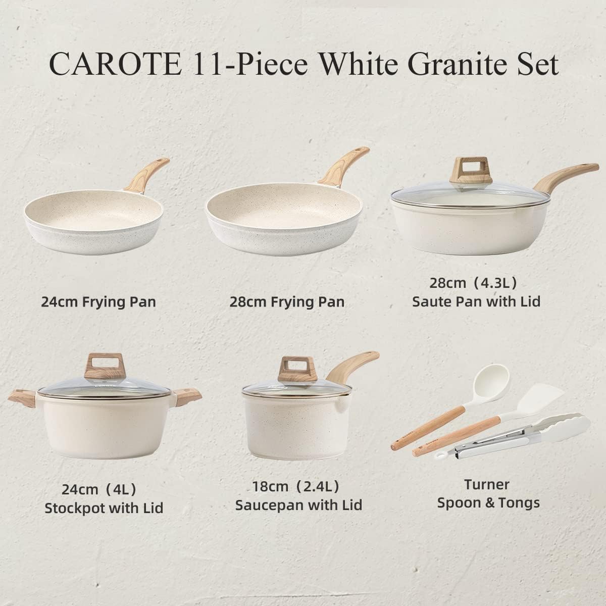 CAROTE Nonstick Pots and Pans Set, Granite Kitchen Cookware Sets, Non Stick Natural Stone Cooking Set with Frying Pans,Suitable for All Stoves Include Induction (11pcs White Granite Set)-1