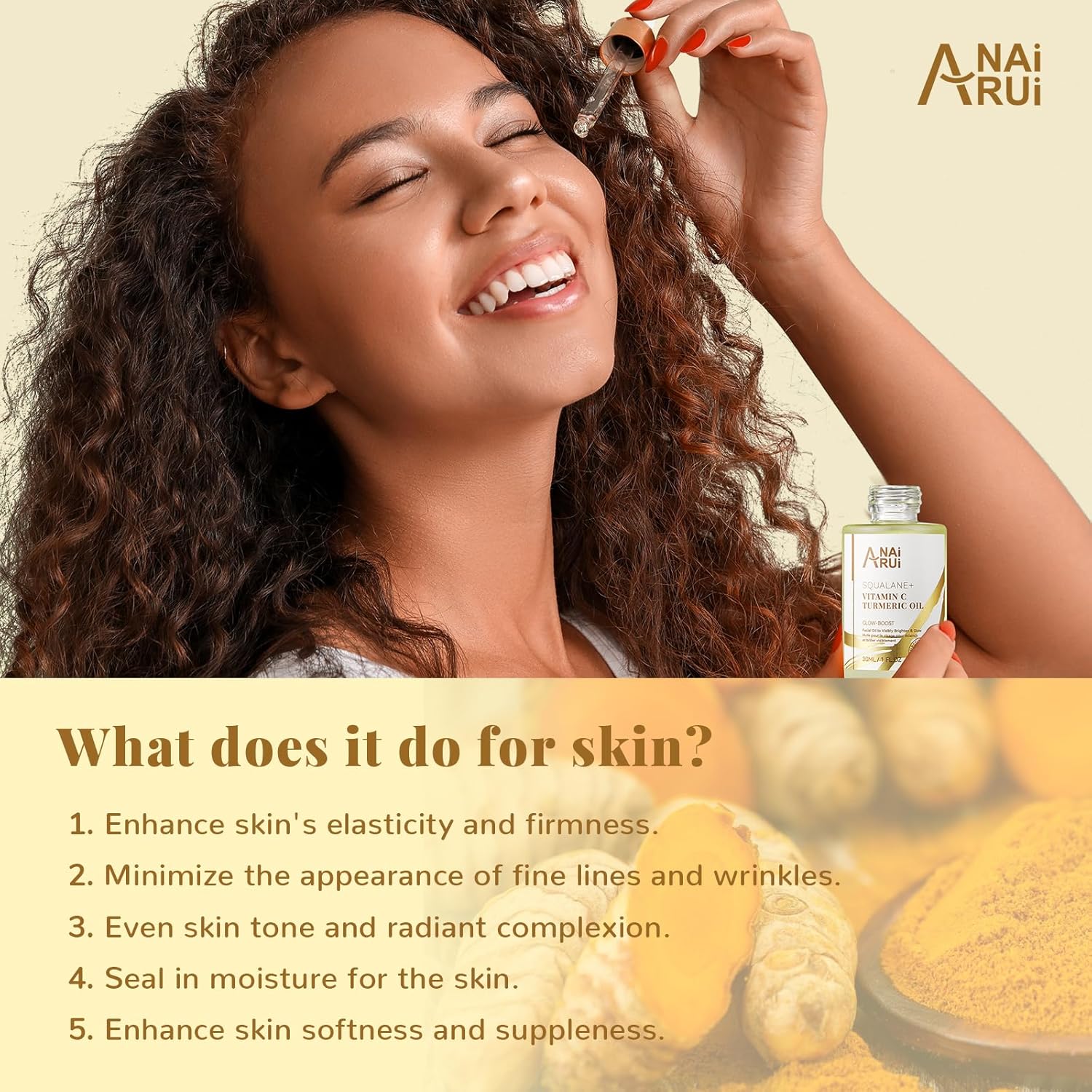 ANAiRUi Vitamin C Facial Oil with Squalane Oil, Turmeric Oil - Glow Oil for Face - Anti-ageing, Brighten Skin Face Oil - Natural Face Oil for Dry Skin, Hair, Cuticles, Dry Hands and Feet, 30ml-3