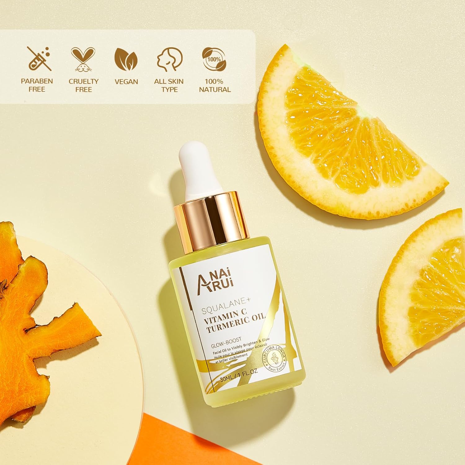 ANAiRUi Vitamin C Facial Oil with Squalane Oil, Turmeric Oil - Glow Oil for Face - Anti-ageing, Brighten Skin Face Oil - Natural Face Oil for Dry Skin, Hair, Cuticles, Dry Hands and Feet, 30ml-6