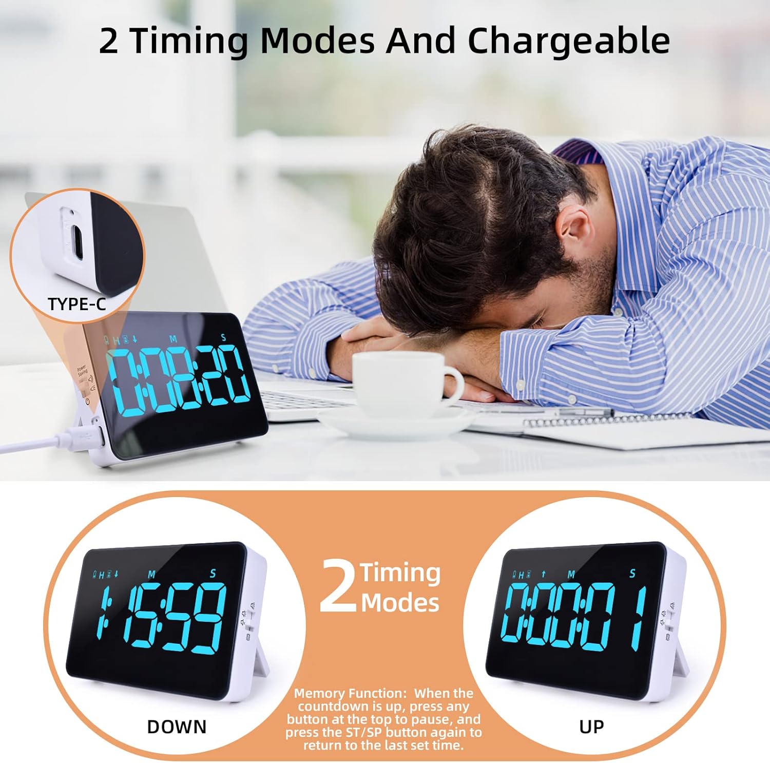 Kitchen Timer, XREXS Rechargeable Timers for Cooking, Adjustable Brightness & Volume, Large LED Display, Magnetic Cooking Timer for Kitchen/Meeting/Class (Charging Cable Included) Blue-2