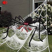 HAUSPROFI Halloween Decorations Spider, 49” Giant Spider with Red LED Eyes, Shakes & Squeaks, 16.4FT Large Spider Web, Super Stretch Cobwebs & 20PCS Small Fake Spiders for Outdoor Yard