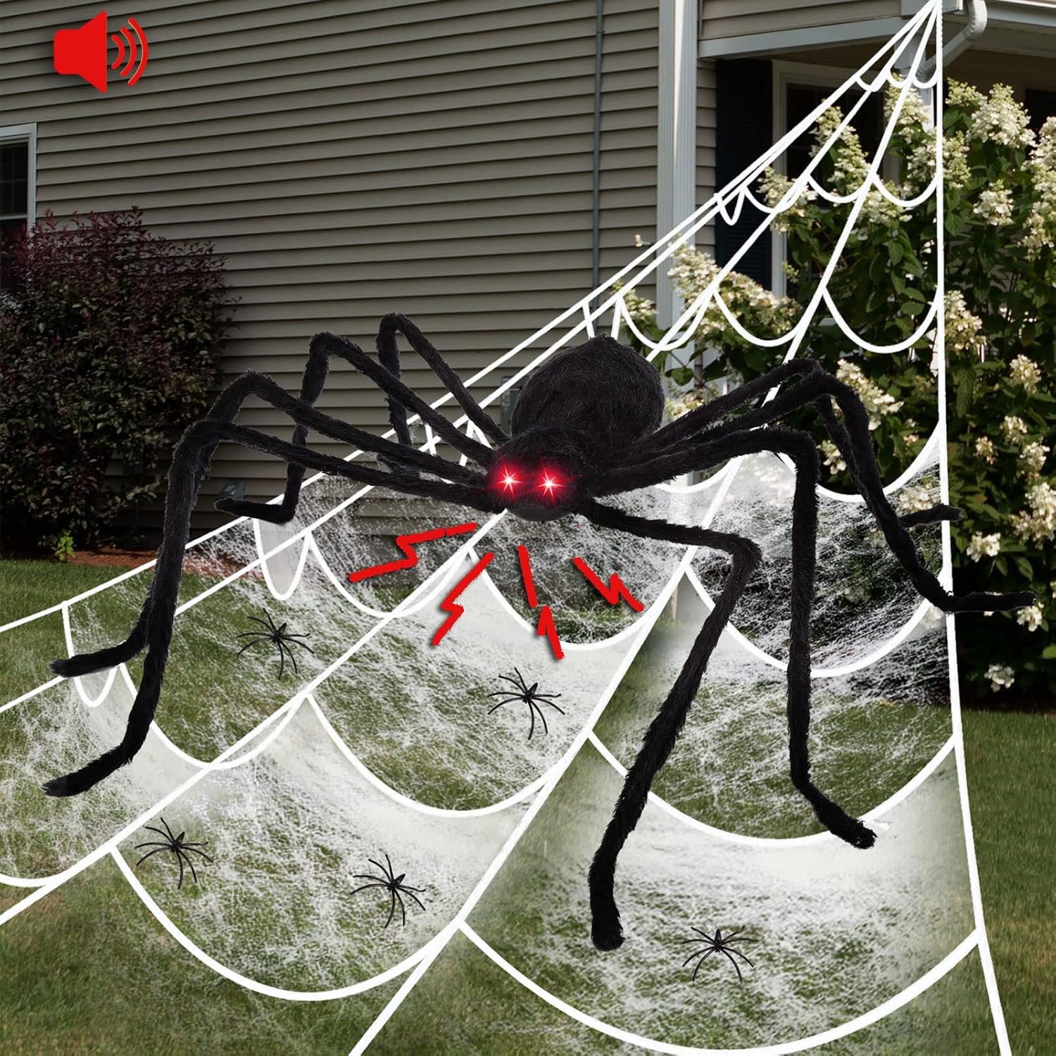 HAUSPROFI Halloween Decorations Spider, 49” Giant Spider with Red LED Eyes, Shakes & Squeaks, 16.4FT Large Spider Web, Super Stretch Cobwebs & 20PCS Small Fake Spiders for Outdoor Yard-0