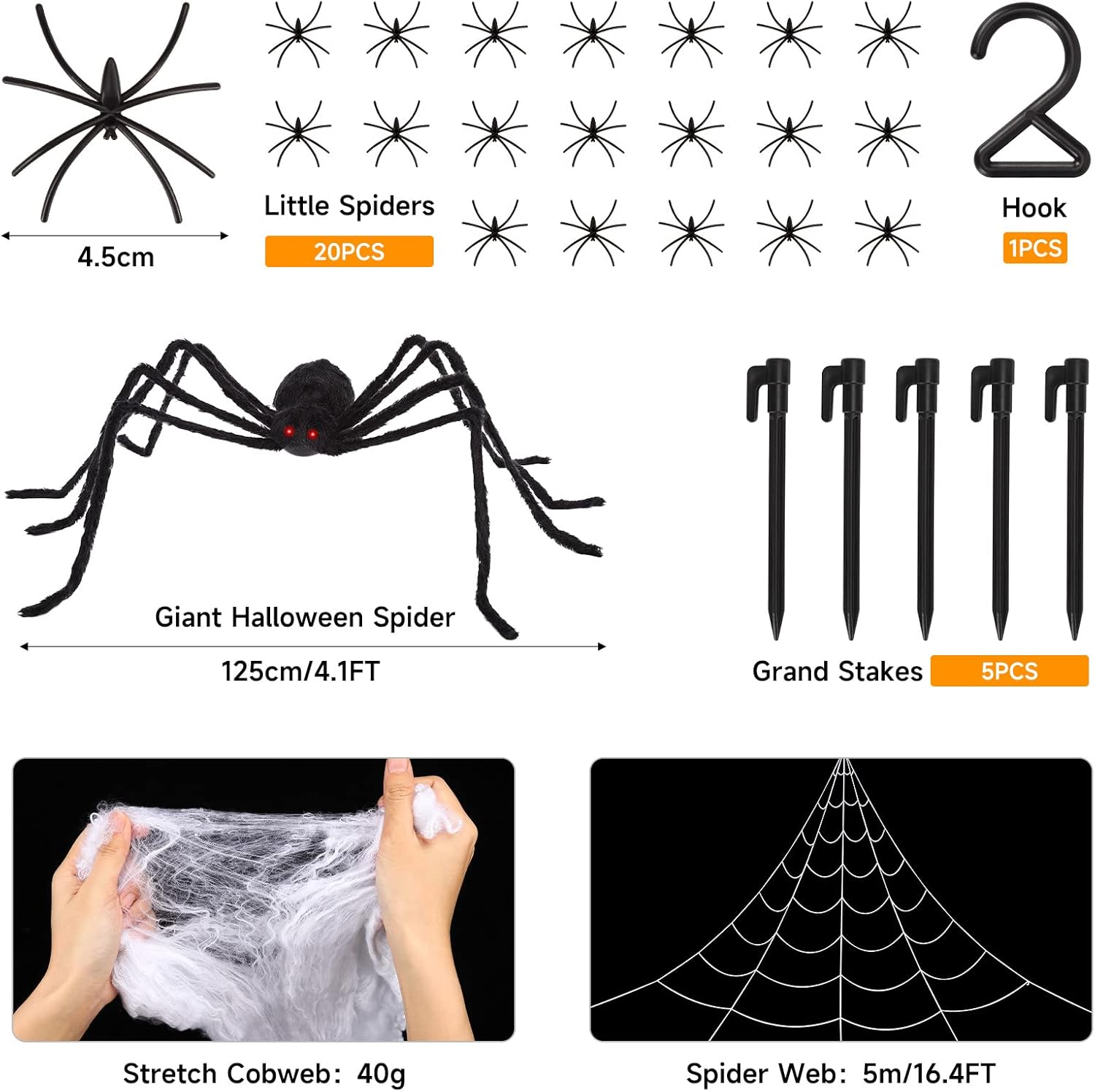 HAUSPROFI Halloween Decorations Spider, 49” Giant Spider with Red LED Eyes, Shakes & Squeaks, 16.4FT Large Spider Web, Super Stretch Cobwebs & 20PCS Small Fake Spiders for Outdoor Yard-1