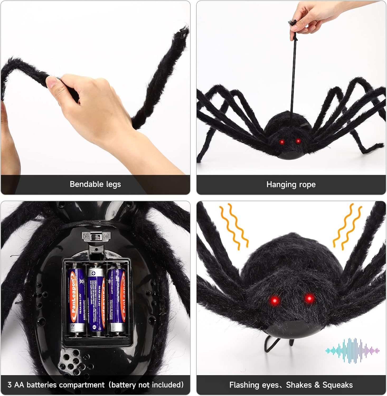 HAUSPROFI Halloween Decorations Spider, 49” Giant Spider with Red LED Eyes, Shakes & Squeaks, 16.4FT Large Spider Web, Super Stretch Cobwebs & 20PCS Small Fake Spiders for Outdoor Yard-3