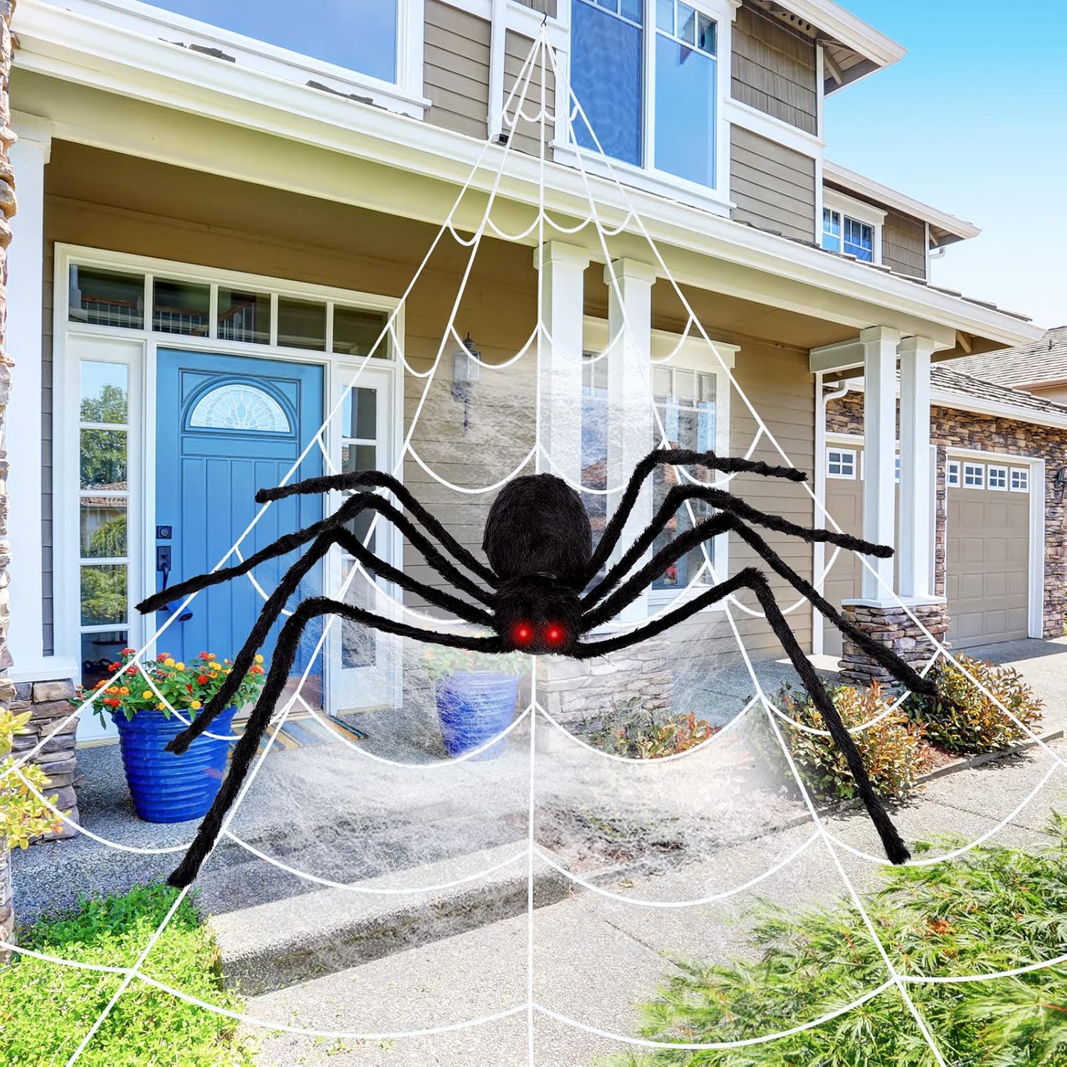 HAUSPROFI Halloween Decorations Spider, 49” Giant Spider with Red LED Eyes, Shakes & Squeaks, 16.4FT Large Spider Web, Super Stretch Cobwebs & 20PCS Small Fake Spiders for Outdoor Yard-7