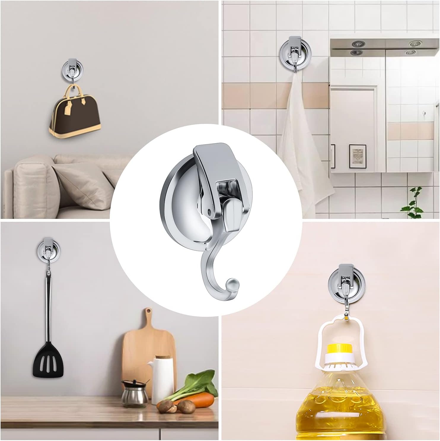 2 Pack Suction Hooks, Vacuum Suction Cup Hooks Powerful Push Removable Heavy Duty Hooks for Kitchen, Bathroom and Living Room Pendants with a Maximum Load of 5KG-7