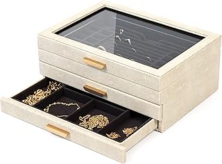 CASE ELEGANCE Large 3 Tier Jewelry Box, Storage Case Organizer for Women Girls Wife, Glass Lid for Earrings Bracelets Rings Necklaces, Shagreen Vegan Leather, Velvet Lined Jewelry Box, Brass Hardware