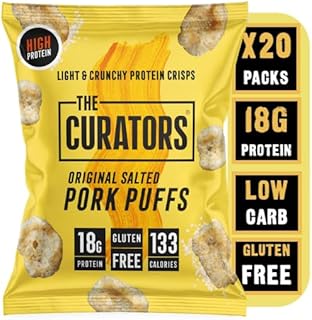 THE CURATORS High Protein Pork Puffs, Original Salted, 25g (20 Packs) 18g Protein Crisp Low Carb Keto Gluten Free Savoury Snack