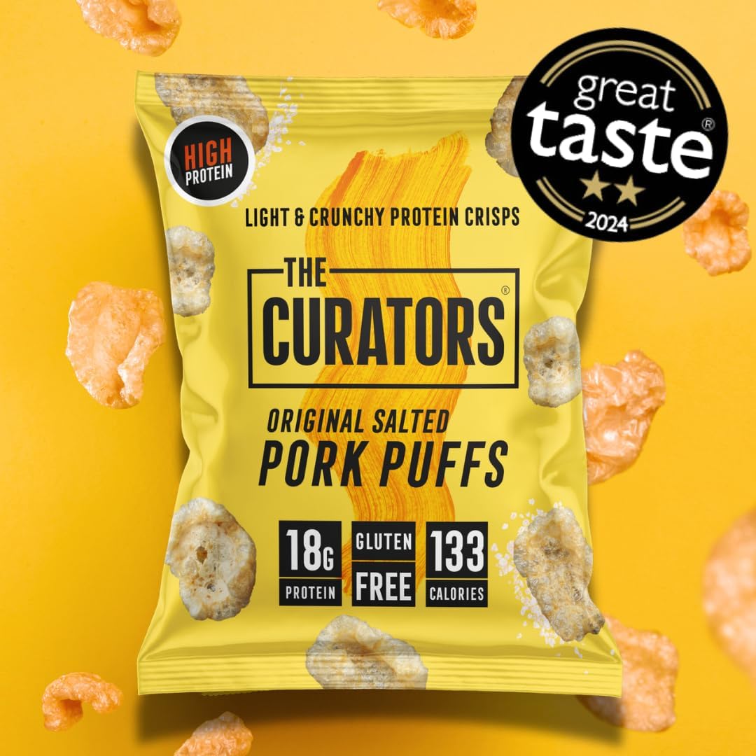 THE CURATORS High Protein Pork Puffs, Original Salted, 25g (20 Packs) 18g Protein Crisp Low Carb Keto Gluten Free Savoury Snack-0