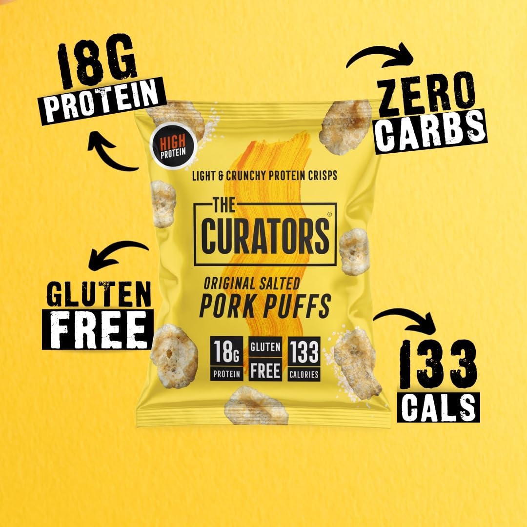 THE CURATORS High Protein Pork Puffs, Original Salted, 25g (20 Packs) 18g Protein Crisp Low Carb Keto Gluten Free Savoury Snack-1