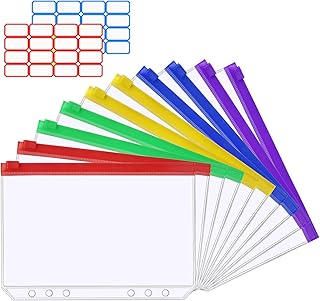 Vicloon A5 Zipper Binder Pockets, 10Pcs Plastic Binder Zipper Folders Loose Leaf Bags with 2 Sheets Removable Label Stickers Money-Saving Cash Envelopes Document Organizer Binder (Multicolor)