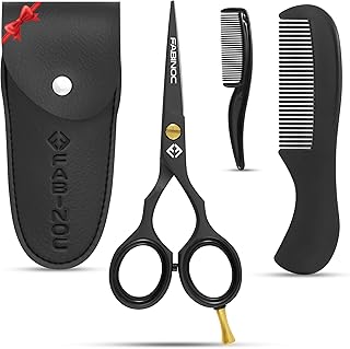 FABINOC® 5'' Beard and Moustache Scissors with Comb & Pouch – Eyebrow, Ear & Nose Small Hair Scissors - German Quality Stainless Steel Mustashe Grooming Kit (Black)