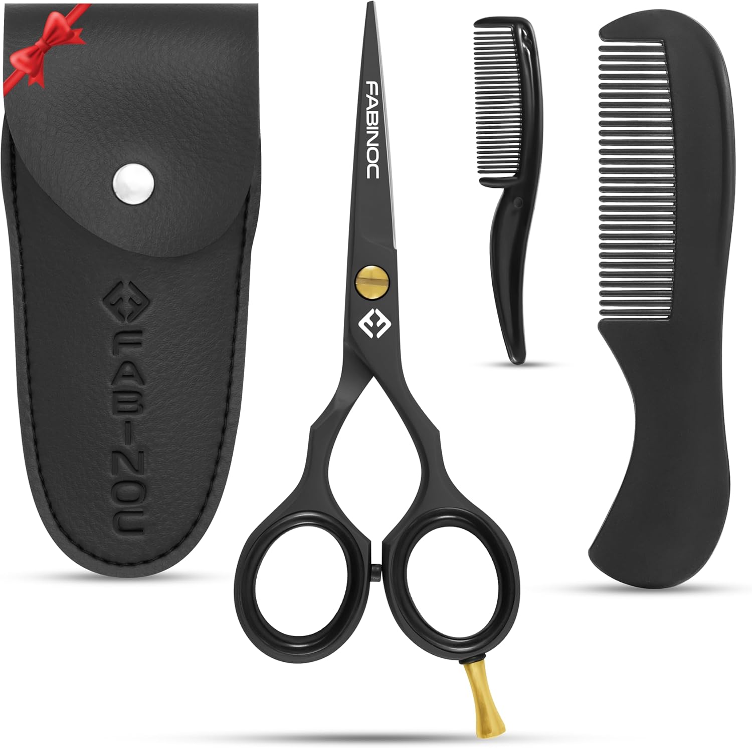 FABINOC® 5'' Beard and Moustache Scissors with Comb & Pouch – Eyebrow, Ear & Nose Small Hair Scissors - German Quality Stainless Steel Mustashe Grooming Kit (Black)-0