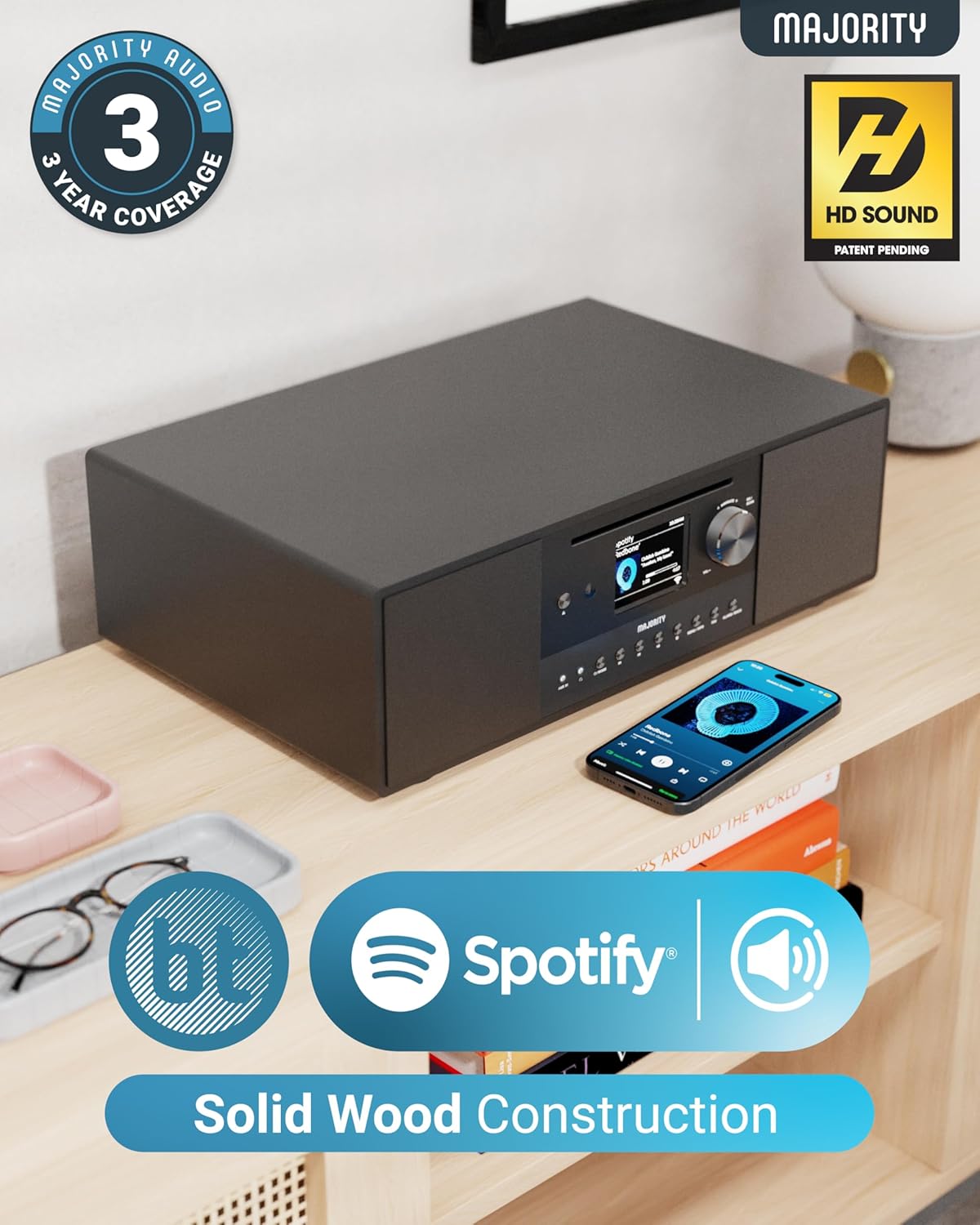 Internet Radio with DAB+ and CD Player | 120W 2.1 Stereo System with Inbuilt Subwoofer | Bluetooth Enabled | Spotify Connect & Podcasts | FM Radio| LED Colour Display | MAJORITY Quadriga (Black)-2