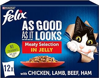 FELIX AS GOOD AS IT LOOKS Meaty Selection in Jelly with beef, with chicken, with lamb, with ham Wet Cat Food Pouch 12x100g, Pack of 4