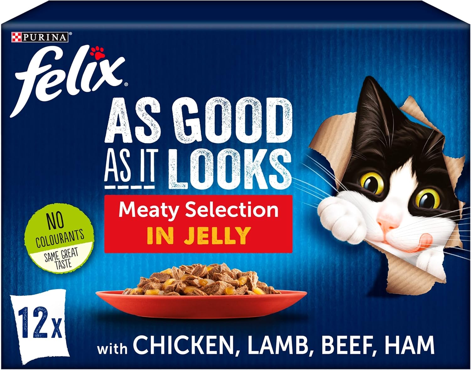 FELIX AS GOOD AS IT LOOKS Meaty Selection in Jelly with beef, with chicken, with lamb, with ham Wet Cat Food Pouch 12x100g, Pack of 4-0