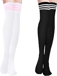 YOGINGO 2 PCS Thigh High Socks Ladies Girls Over The Knee High Socks Cotton Stripes Tube Tights Casual Boot Stockings for Women for Daily Wear Cosplay Black Women's Socks