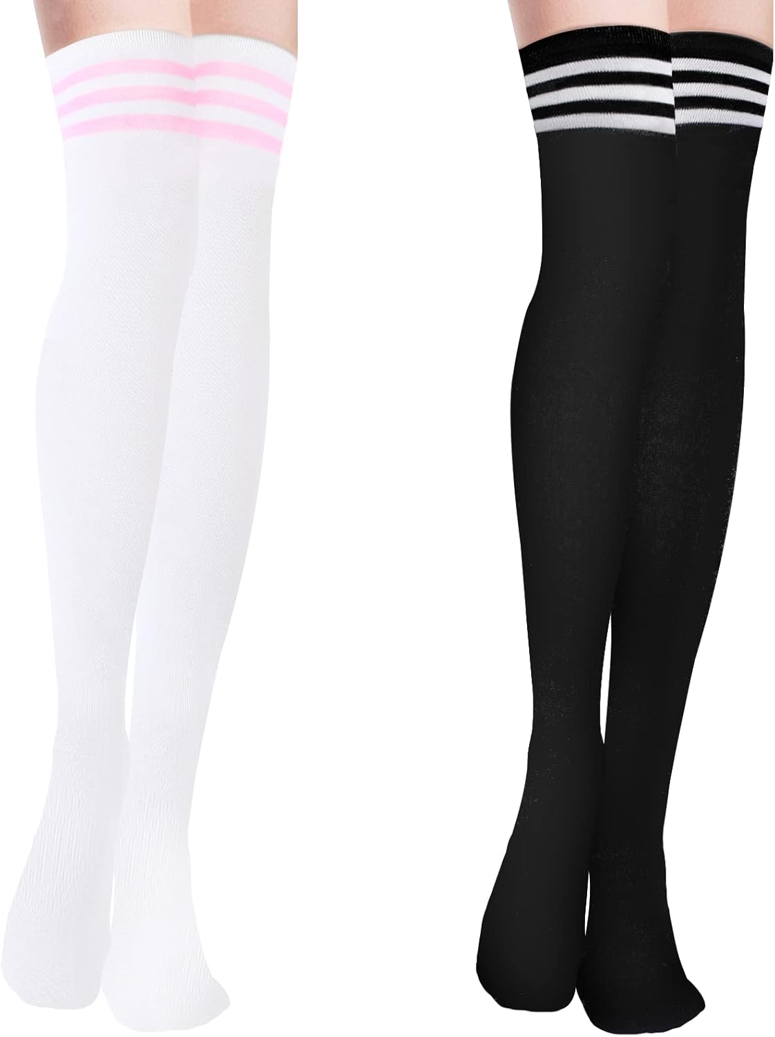 YOGINGO 2 PCS Thigh High Socks Ladies Girls Over The Knee High Socks Cotton Stripes Tube Tights Casual Boot Stockings for Women for Daily Wear Cosplay Black Women's Socks-0