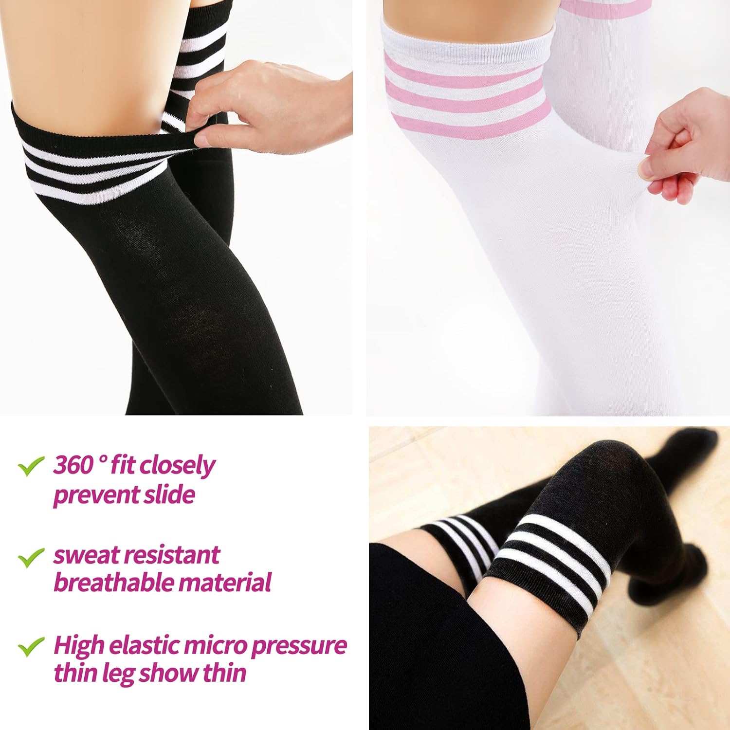 YOGINGO 2 PCS Thigh High Socks Ladies Girls Over The Knee High Socks Cotton Stripes Tube Tights Casual Boot Stockings for Women for Daily Wear Cosplay Black Women's Socks-1