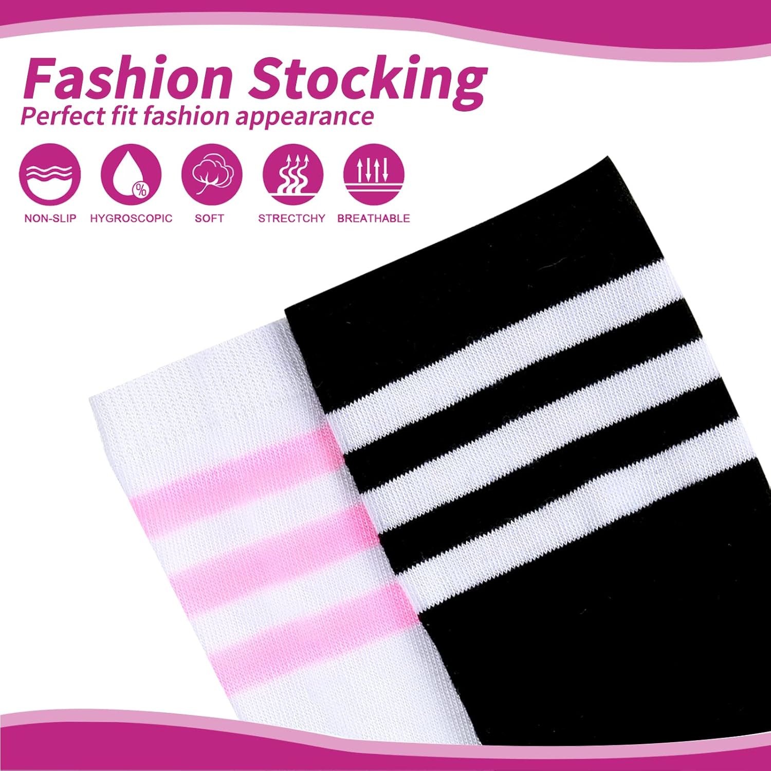 YOGINGO 2 PCS Thigh High Socks Ladies Girls Over The Knee High Socks Cotton Stripes Tube Tights Casual Boot Stockings for Women for Daily Wear Cosplay Black Women's Socks-2