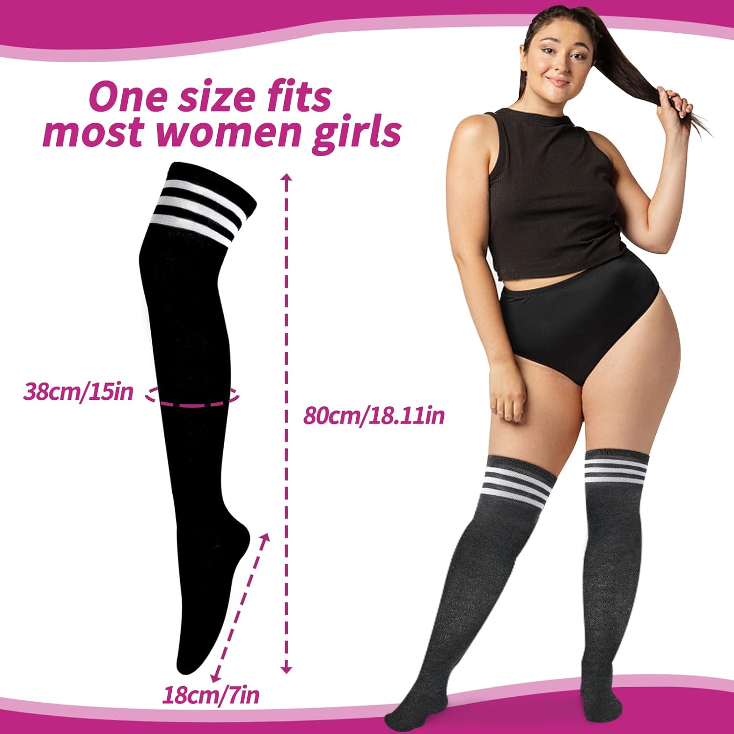 YOGINGO 2 PCS Thigh High Socks Ladies Girls Over The Knee High Socks Cotton Stripes Tube Tights Casual Boot Stockings for Women for Daily Wear Cosplay Black Women's Socks-4