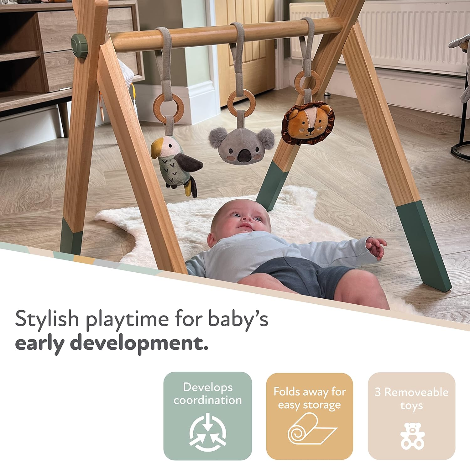 Nuby Animal Adventures Wooden Play Gym – Activity Baby Suitable from Birth with Toys for Sensory Development, One Size-1