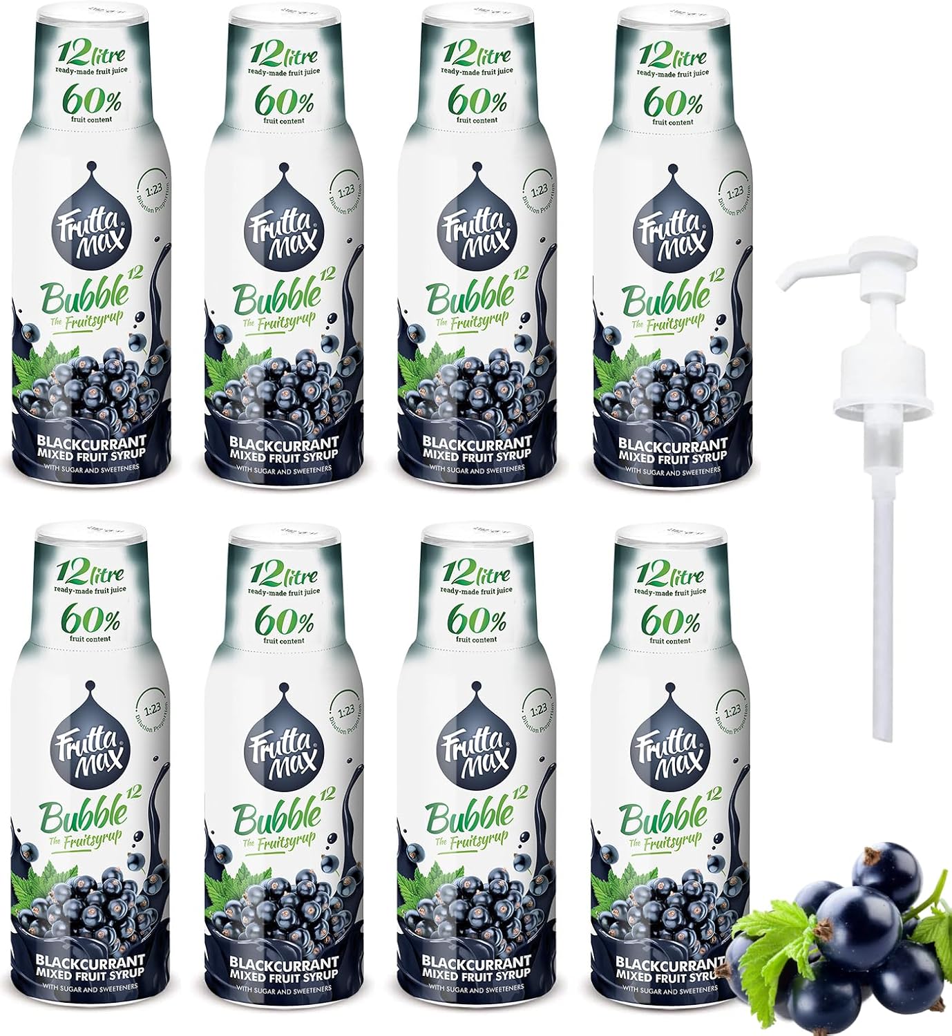 8 Pack - FruttaMax - Fruit Syrup Concentrate - Less Sugar - with 60% Fruit Content - Suitable for soda Machine (8x500ml) (8 x Blackcurrant)-0