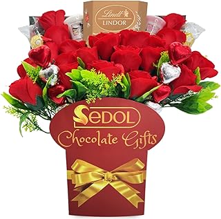 Candle Bouquet Gift Set Hamper with Croquettes and Truffles Chocolate, Heart Chocolates, Red Roses - Birthday Anniversary Chocolate Gift Bouquet for Her (Lindt Assorted)