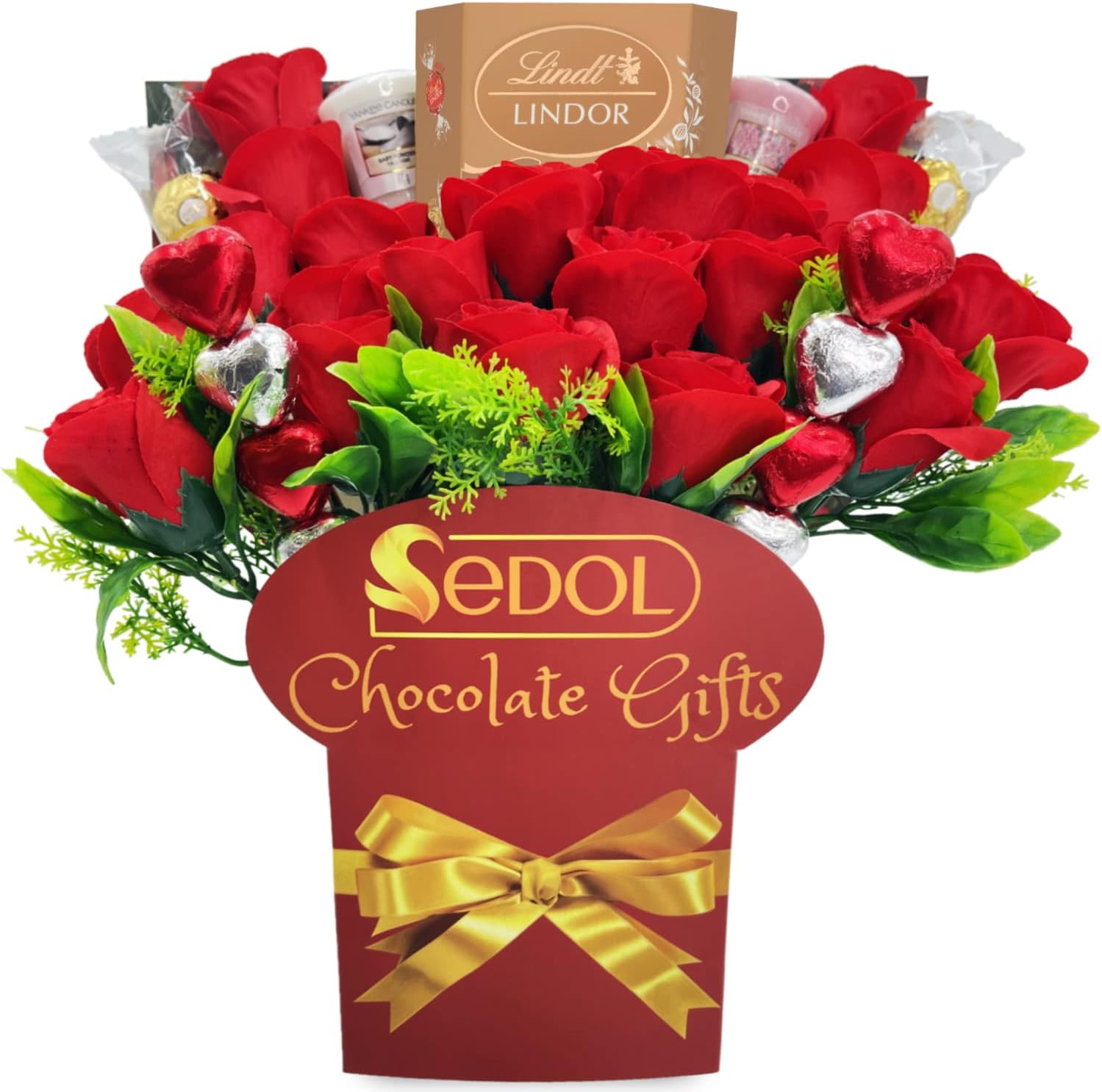 Candle Bouquet Gift Set Hamper with Croquettes and Truffles Chocolate, Heart Chocolates, Red Roses - Birthday Anniversary Chocolate Gift Bouquet for Her (Lindt Assorted)-0