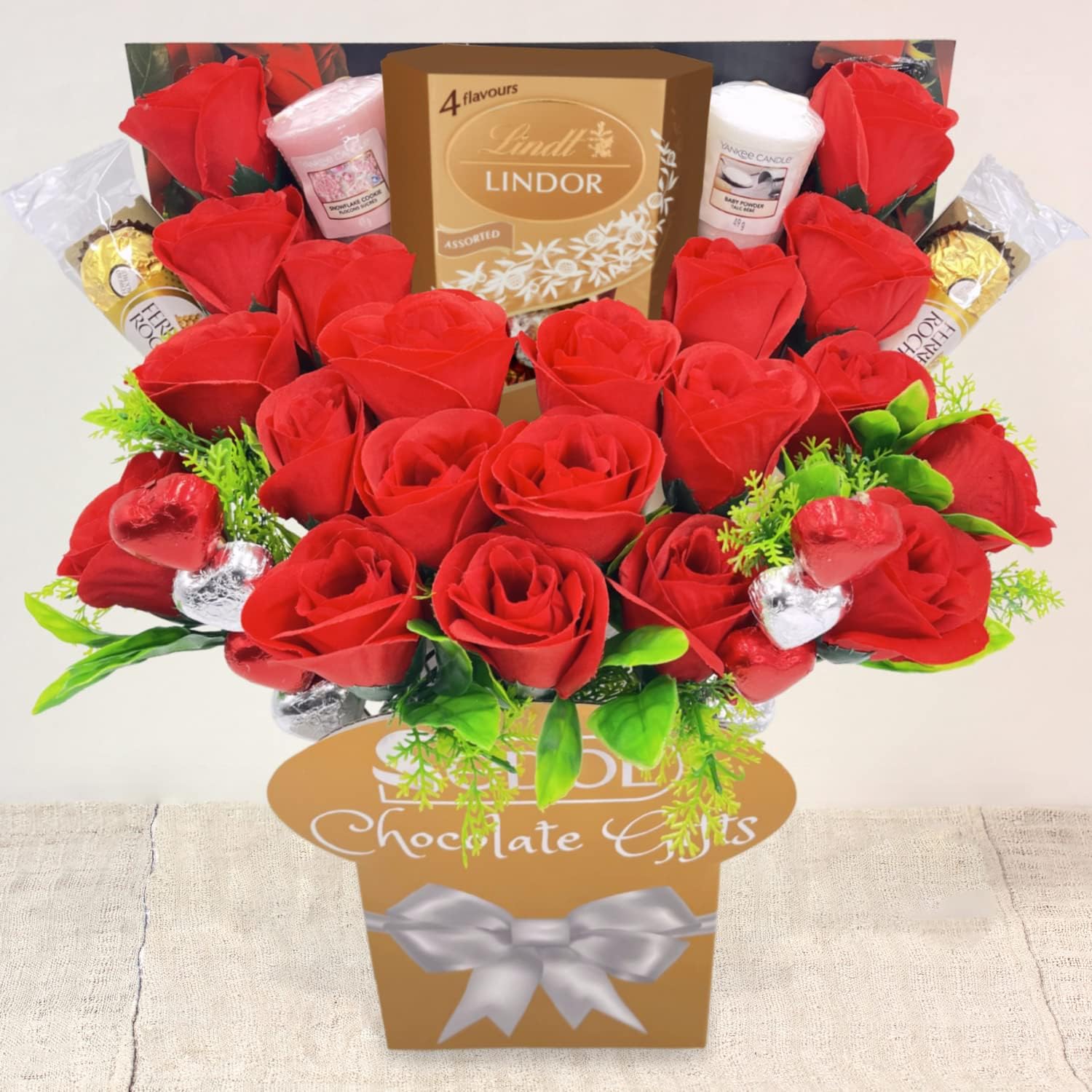 Candle Bouquet Gift Set Hamper with Croquettes and Truffles Chocolate, Heart Chocolates, Red Roses - Birthday Anniversary Chocolate Gift Bouquet for Her (Lindt Assorted)-1