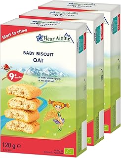 Fleur Alpine Baby Biscuit OAT Cereal Taste, 3 x 120g I Whole Grain Food Snack for Toddlers from 9 months I 18 x 2 Biscuits